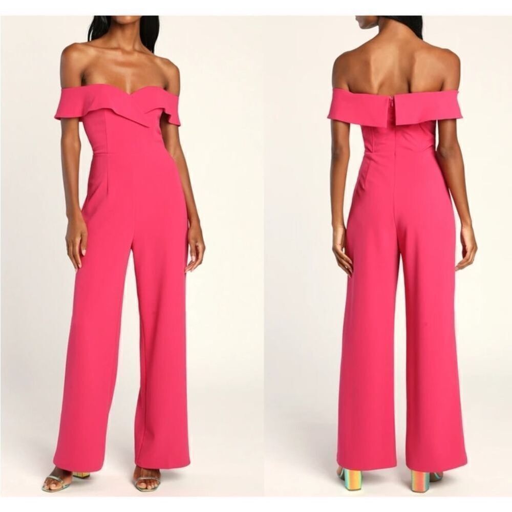 LULU’S | Love Me Tomorrow Hot Pink Off the Shoulder Jumpsuit Women’s Size Small